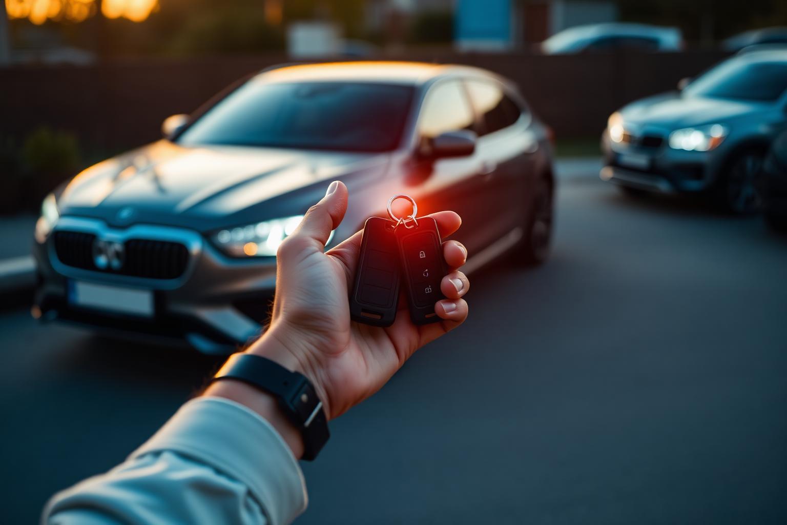 Two hands exchanging a single car key against a soft sky